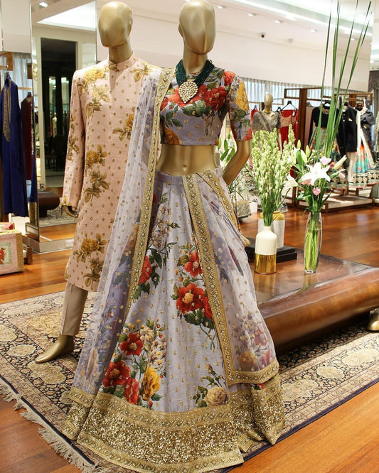Grey Fine Art Silk Pearl Embroidered Lehenga Set