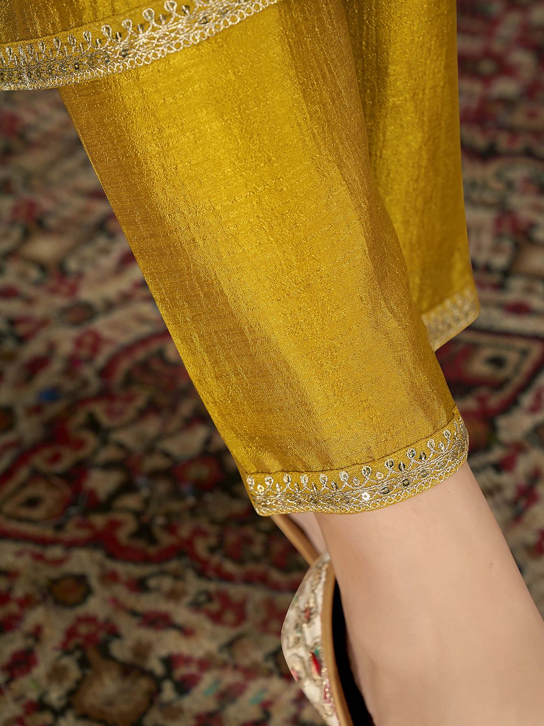Mustard Embroidered Vichitra Suit Set