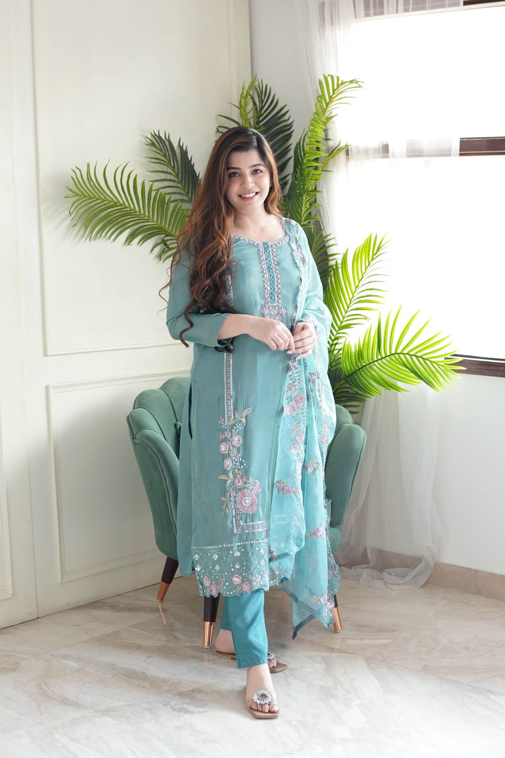 Azurea Sky Blue Pure Chinon Suit Set