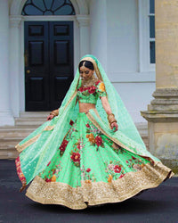 Green Fine Art Silk Pearl Embroidered Lehenga Set