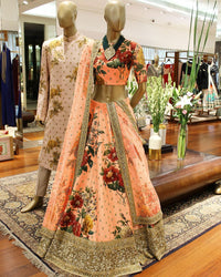 Peach Fine Art Silk Pearl Embroidered Lehenga Set