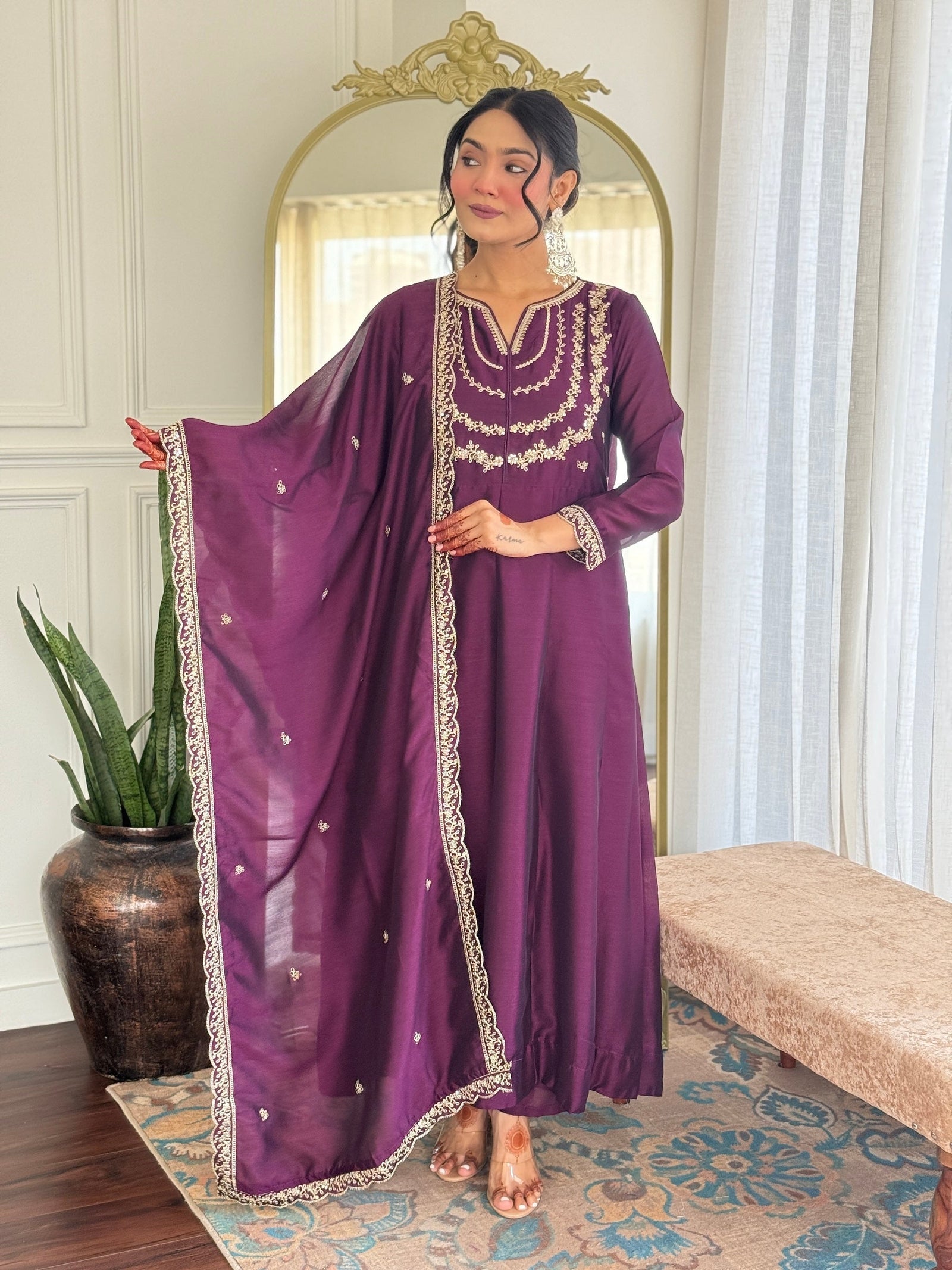 Embroidered Vichitra Silk Anarkali Suit Set