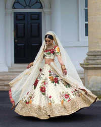 Cream Fine Art Silk Pearl Embroidered Lehenga Set