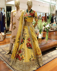 Yellow Fine Art Silk Pearl Embroidered Lehenga Set