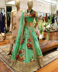 Green Fine Art Silk Pearl Embroidered Lehenga Set