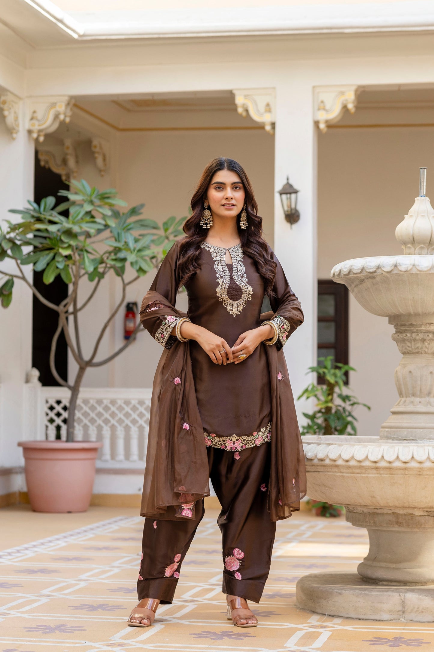 Coffee Satin Embroidered Kurta Set
