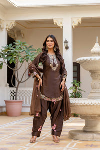 Coffee Satin Embroidered Kurta Set