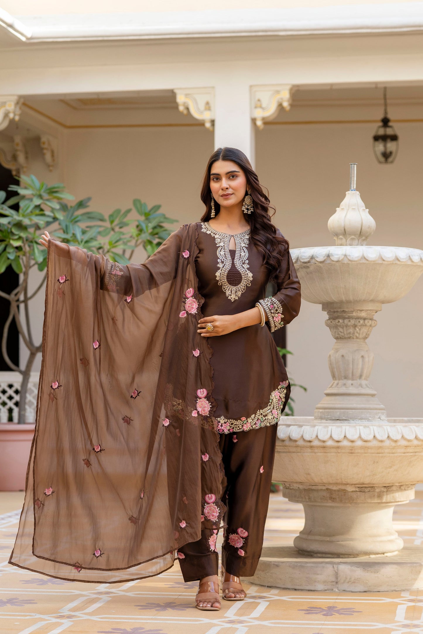 Premium Coffee Embroidered Ethnic Suit Set