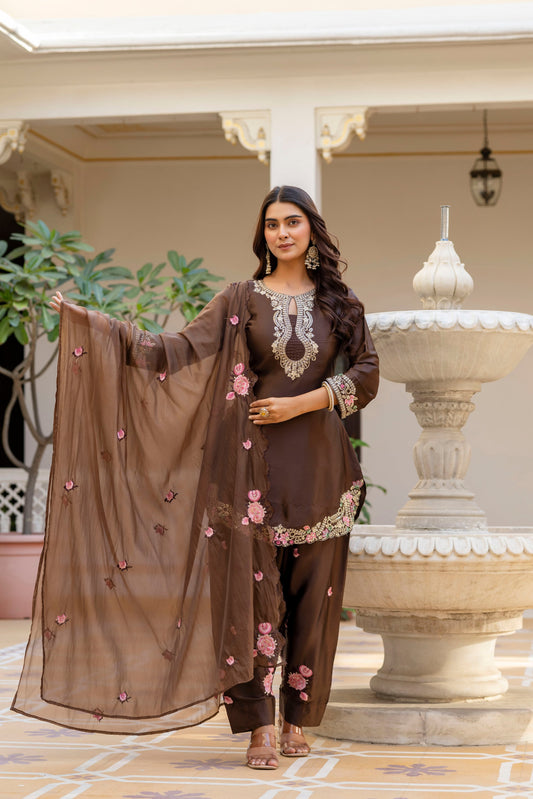 Premium Coffee Embroidered Ethnic Suit Set
