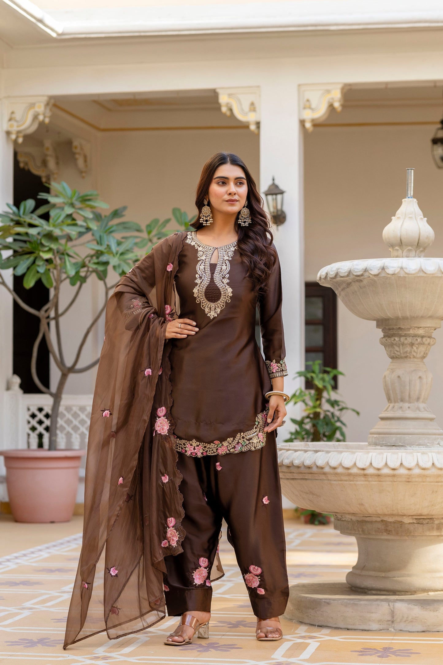 Coffee Satin Embroidered Kurta Set