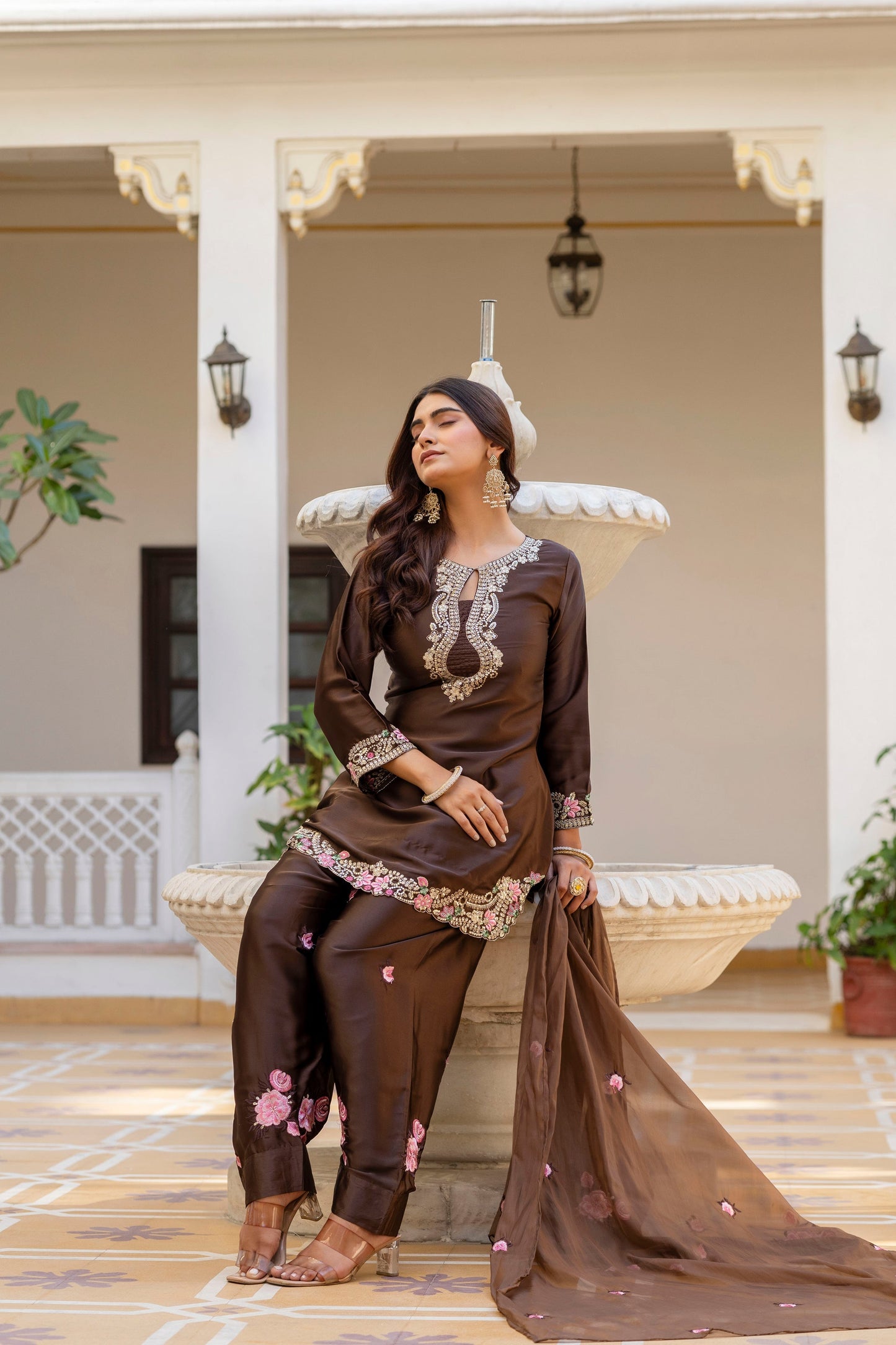 Coffee Satin Embroidered Kurta Set