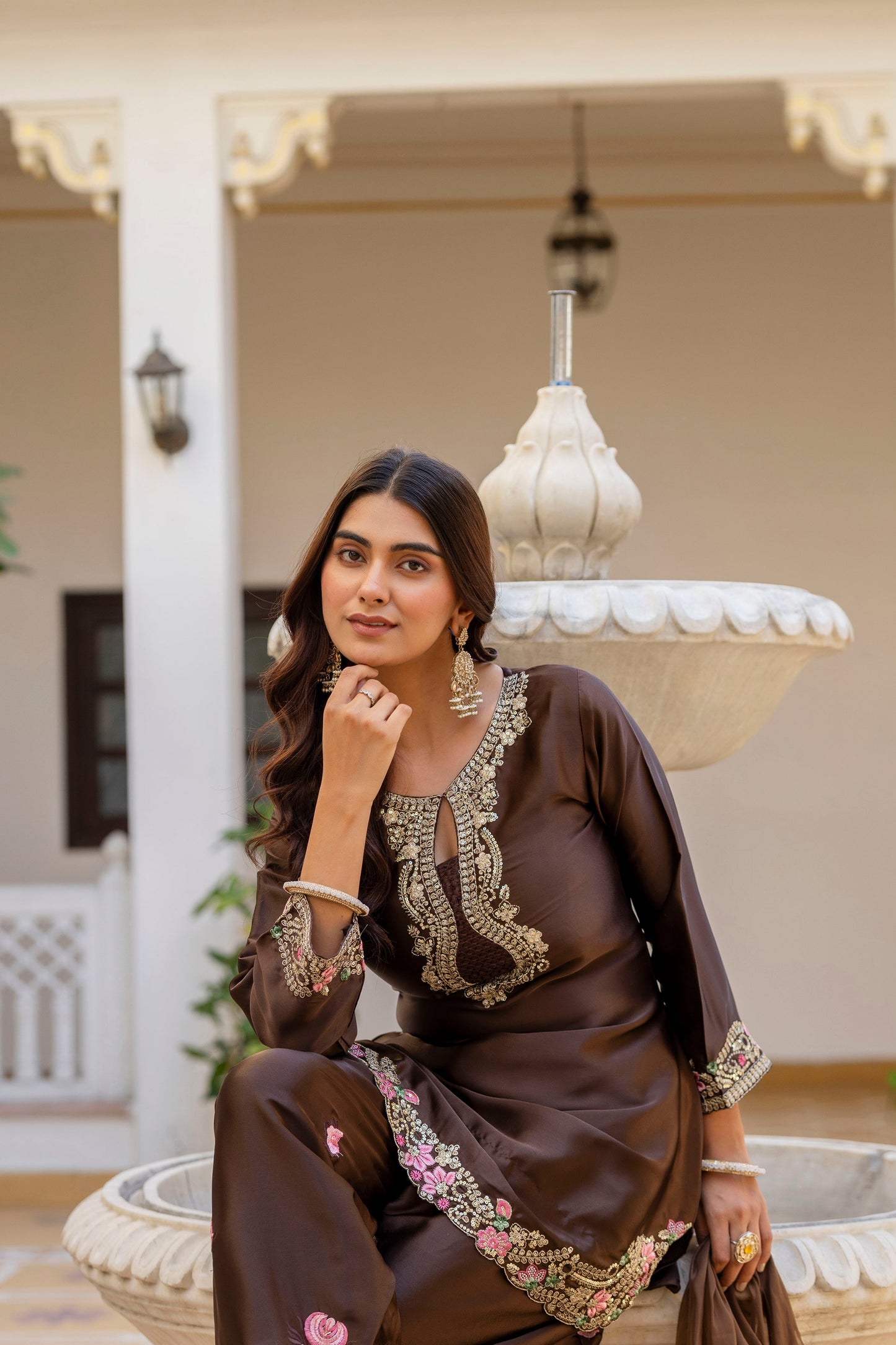 Premium Coffee Embroidered Ethnic Suit Set