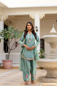 Pista Satin Embroidered Kurta Set