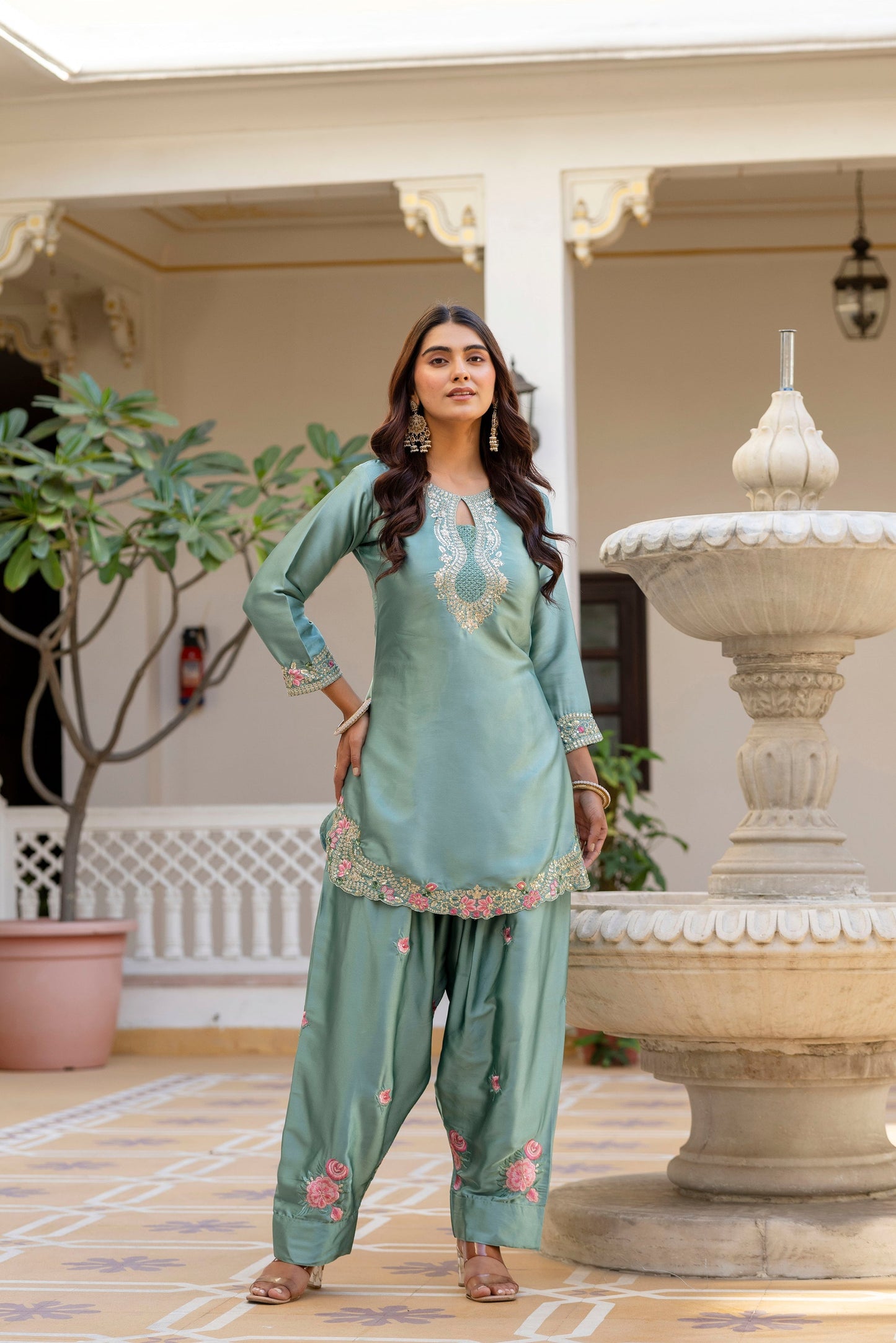 Pista Satin Embroidered Kurta Set