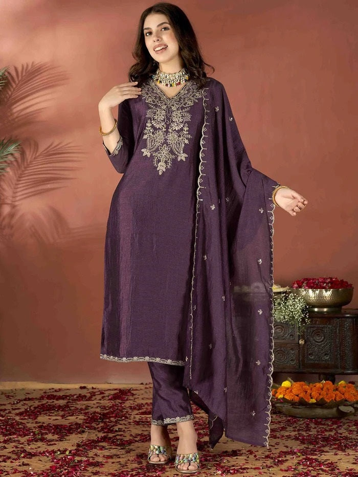 Wine Embroidered Vichitra Suit Set