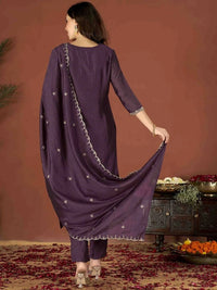 Wine Embroidered Vichitra Suit Set