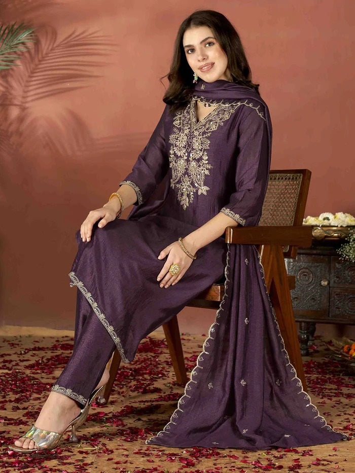 Wine Embroidered Vichitra Suit Set