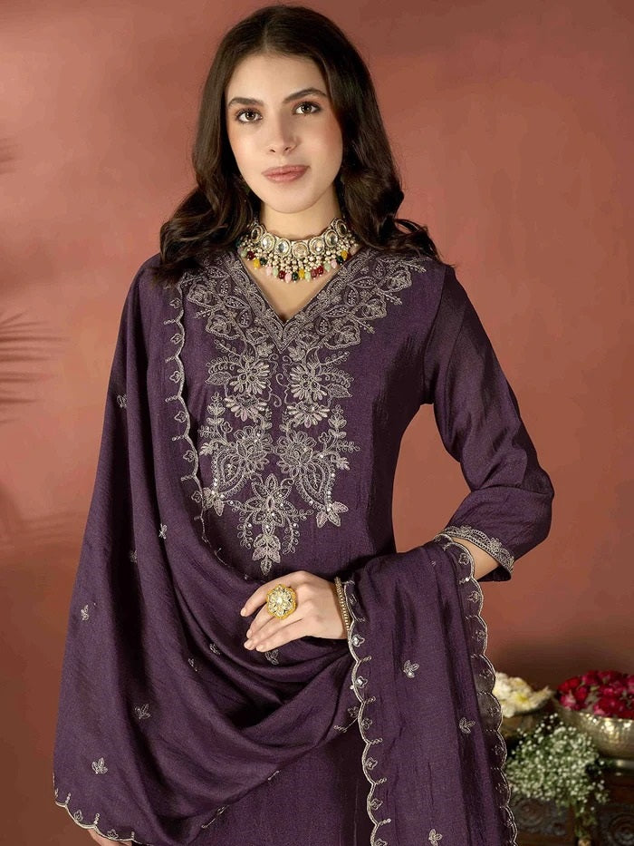 Wine Embroidered Vichitra Suit Set