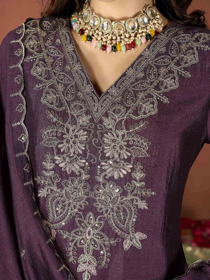 Wine Embroidered Vichitra Suit Set