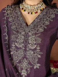 Wine Embroidered Vichitra Suit Set