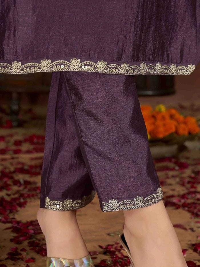 Wine Embroidered Vichitra Suit Set