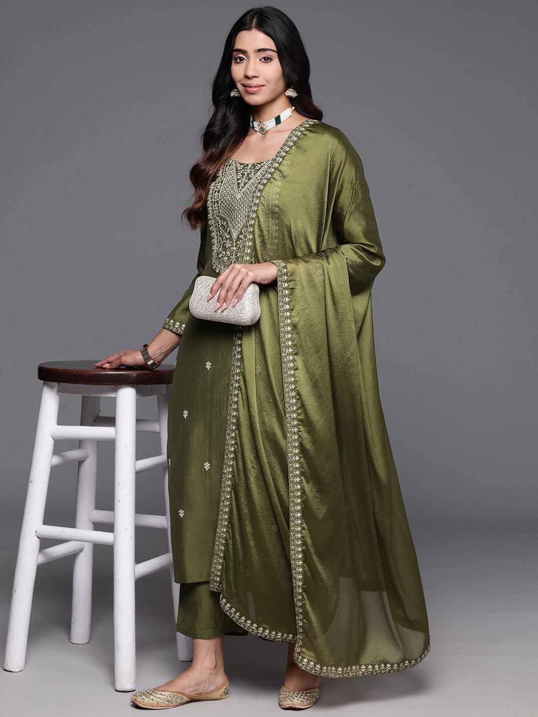 Olive Green Embroidered Chanderi Kurta Pant Set