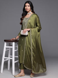 Olive Green Embroidered Chanderi Kurta Pant Set