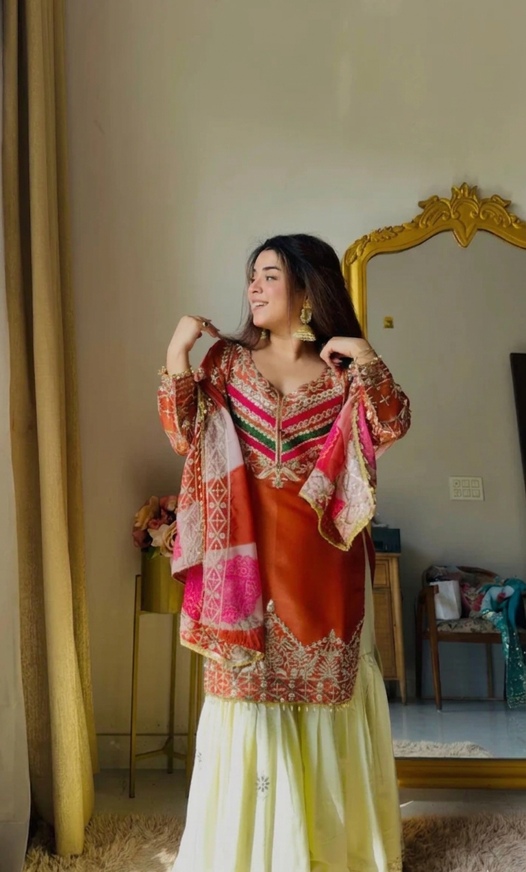 Rust Embroidered Satin Silk Gharara Set