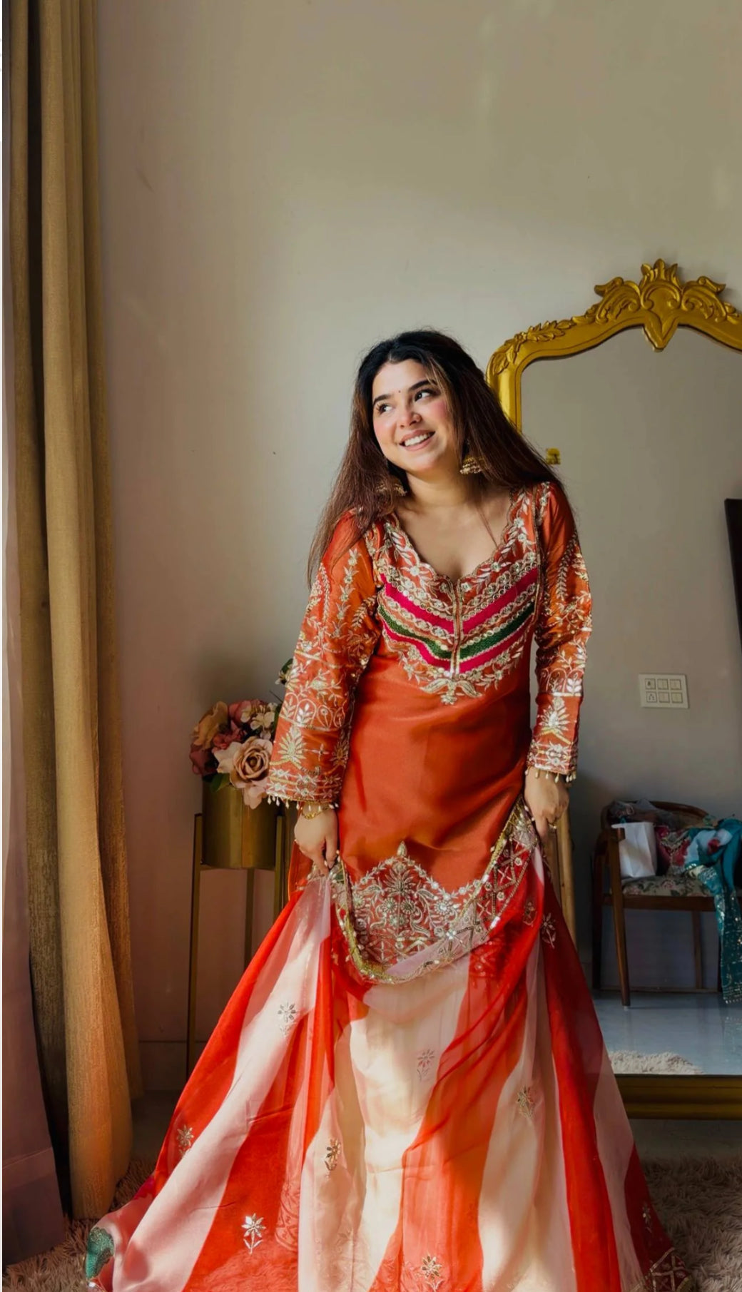 Rust Embroidered Satin Silk Gharara Set
