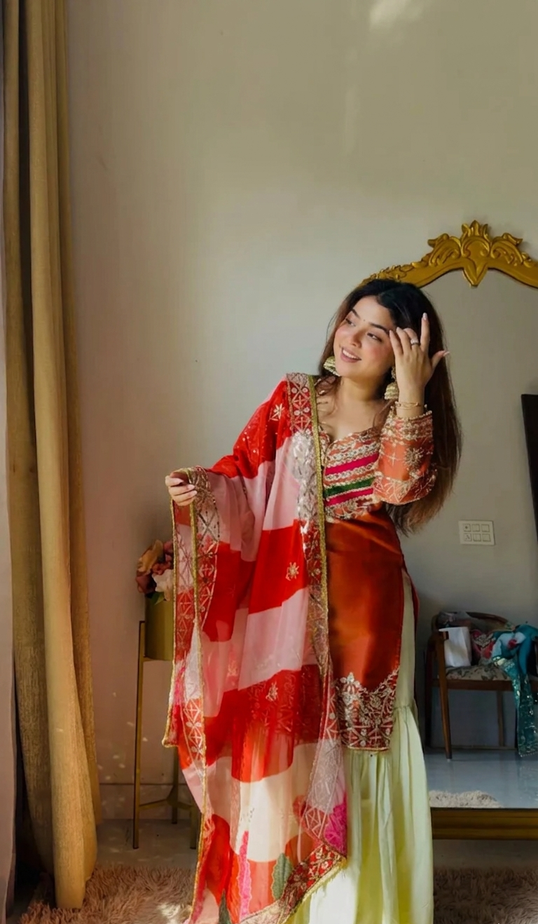 Rust Embroidered Satin Silk Gharara Set