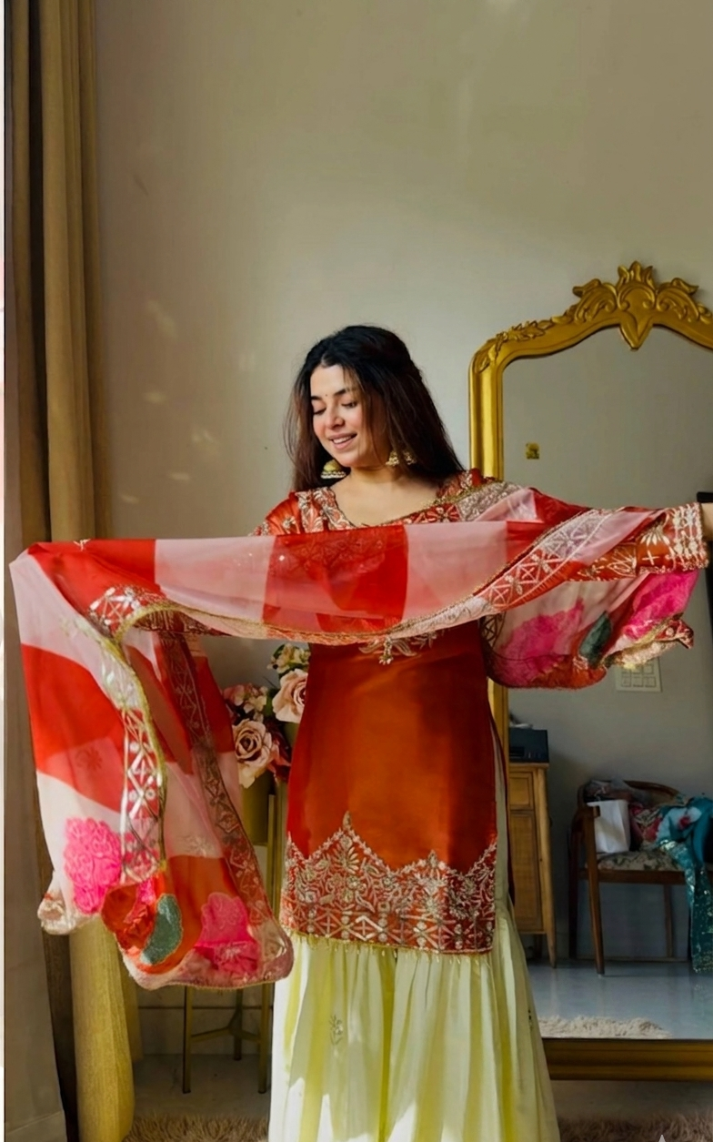 Rust Embroidered Satin Silk Gharara Set