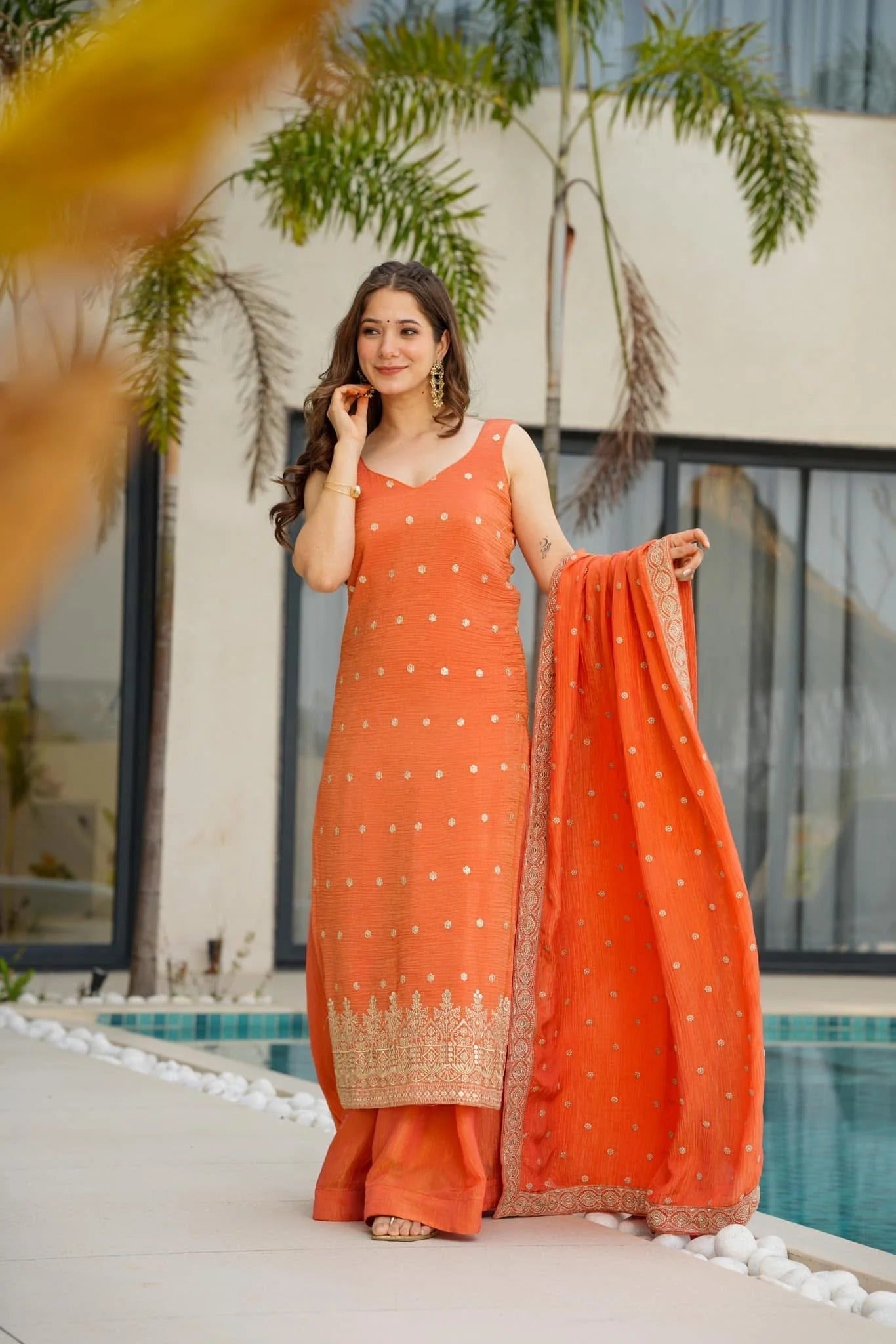 Orange Embroidered Chinnon Silk Palazzo Suit Set