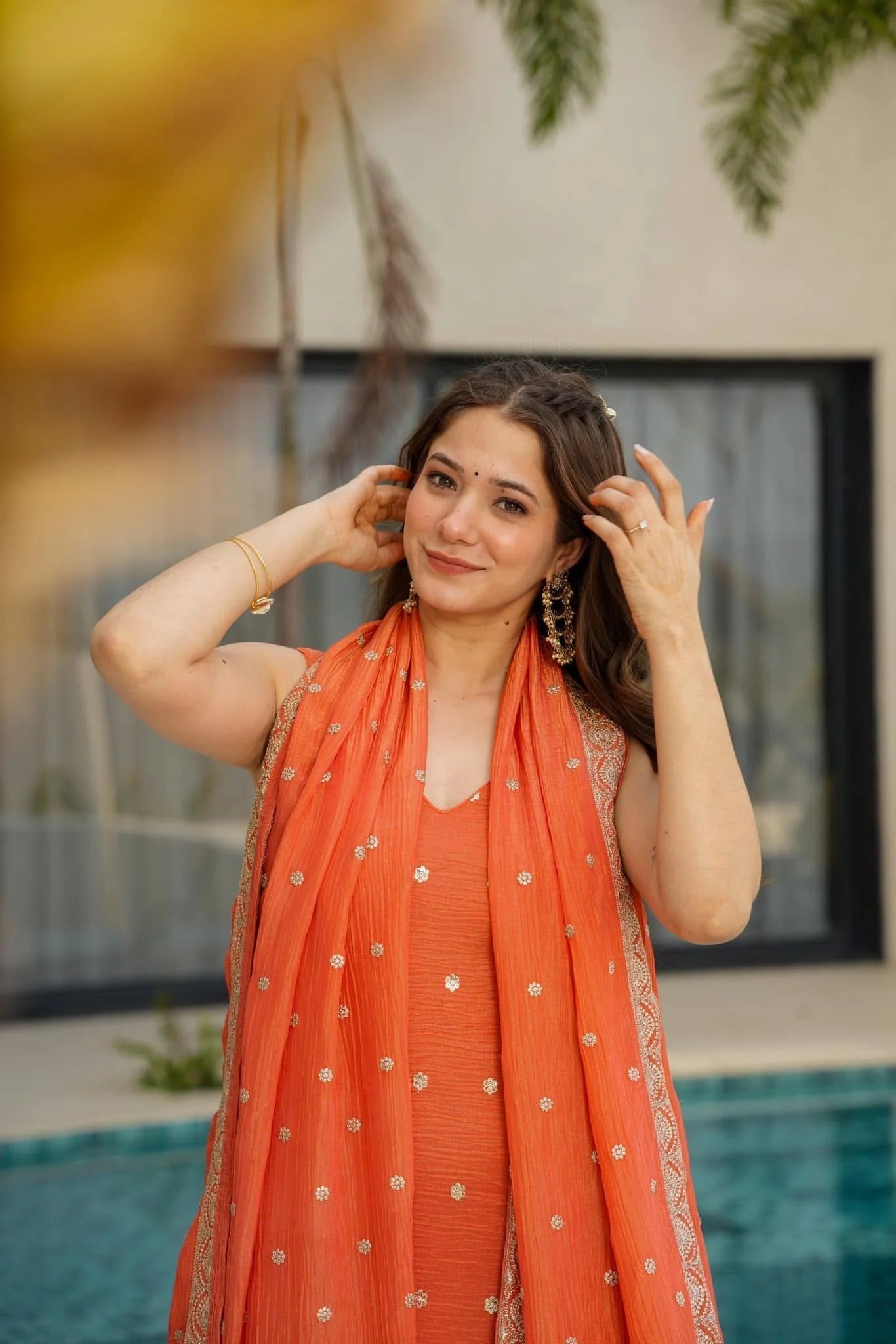 Orange Embroidered Chinnon Silk Palazzo Suit Set