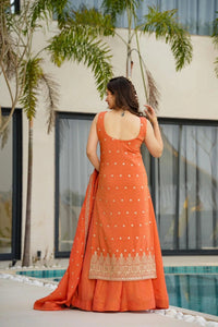 Orange Embroidered Chinnon Silk Palazzo Suit Set