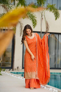 Orange Embroidered Chinnon Silk Palazzo Suit Set