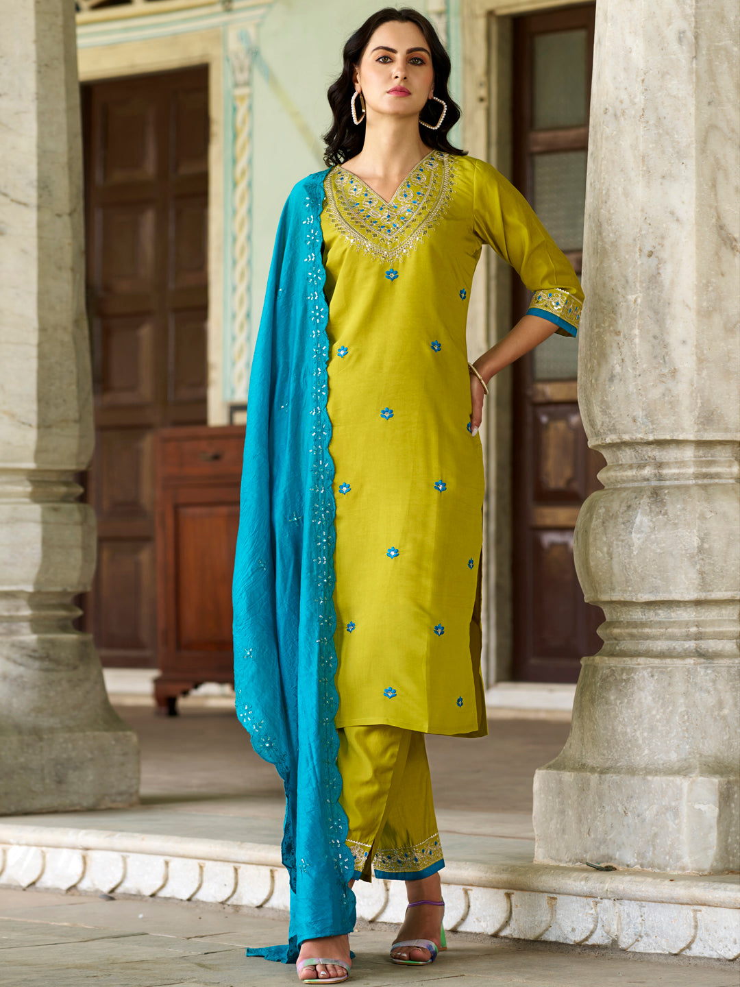 Lemon Embroidered Viscose Chanderi Suit Set