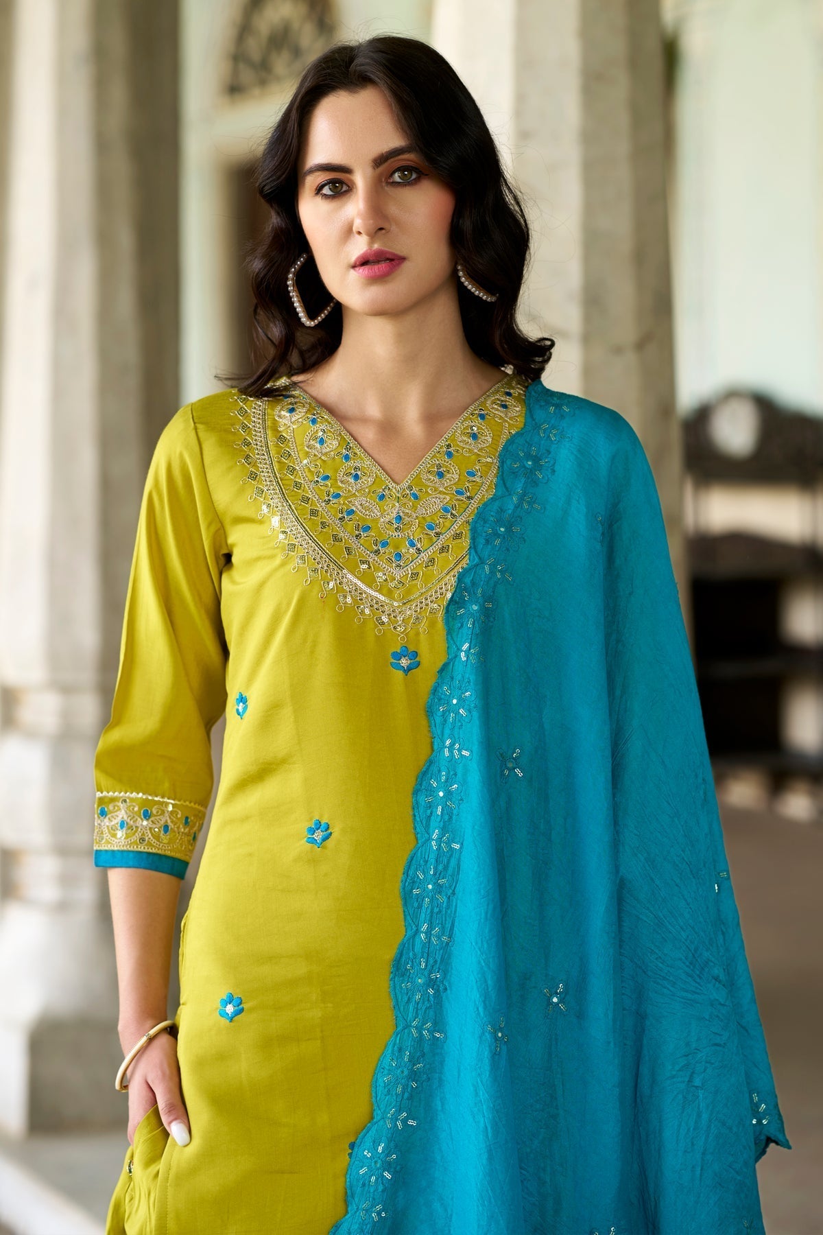 Lemon Embroidered Viscose Chanderi Suit Set