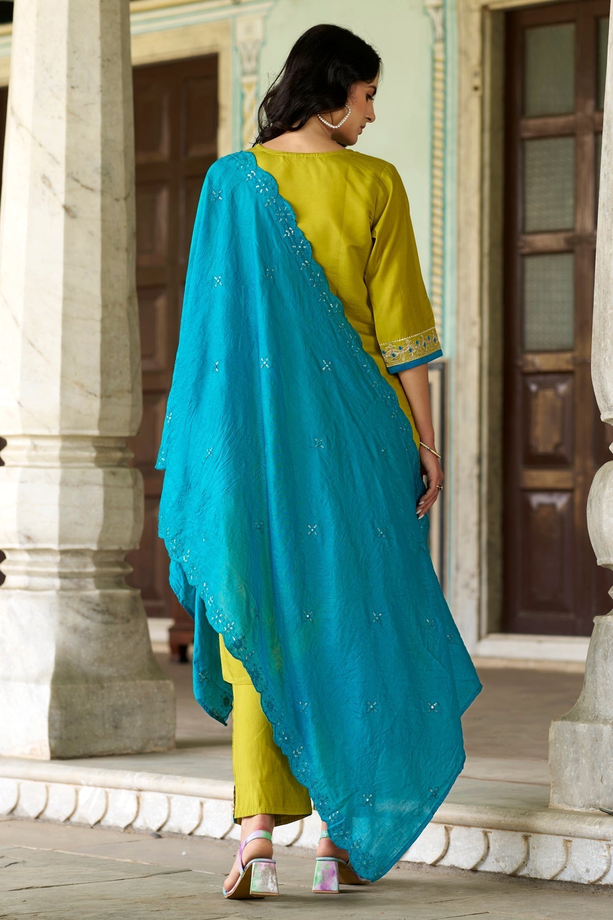 Lemon Embroidered Viscose Chanderi Suit Set