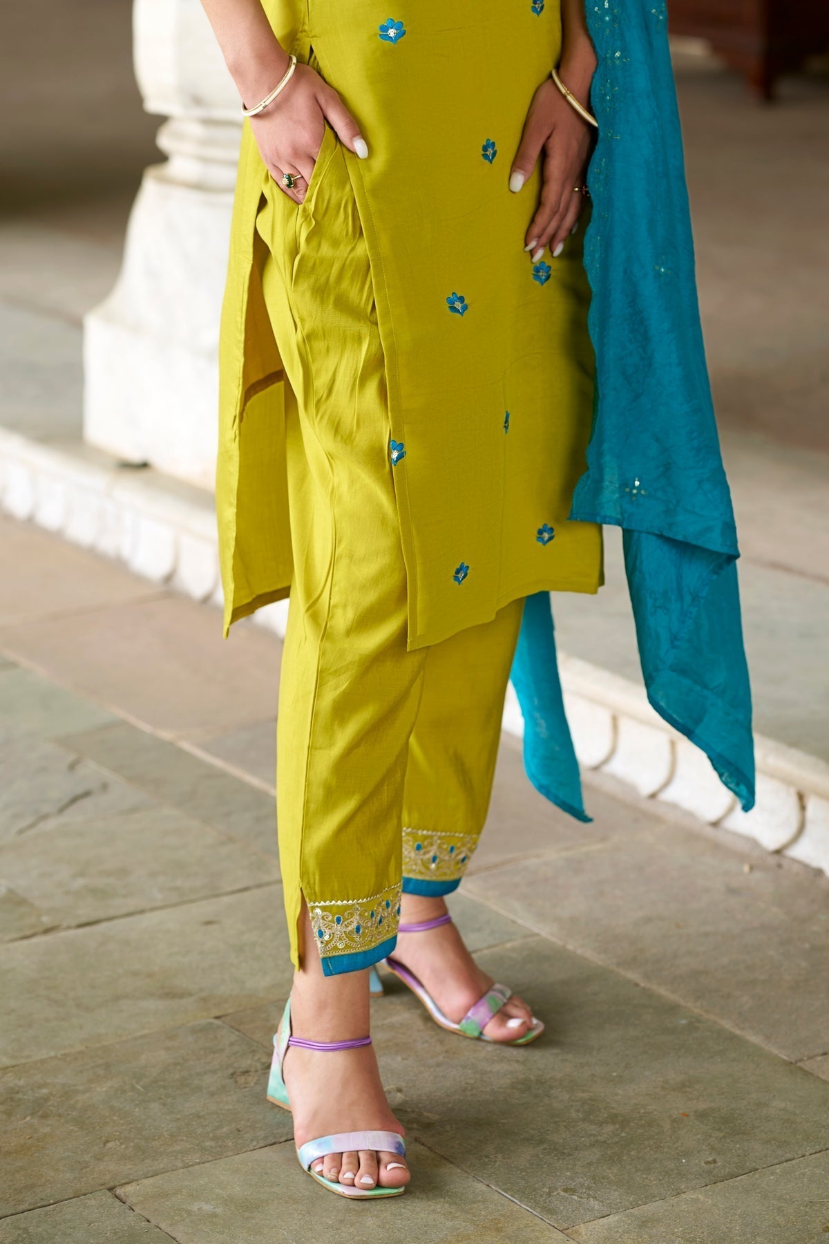 Lemon Embroidered Viscose Chanderi Suit Set