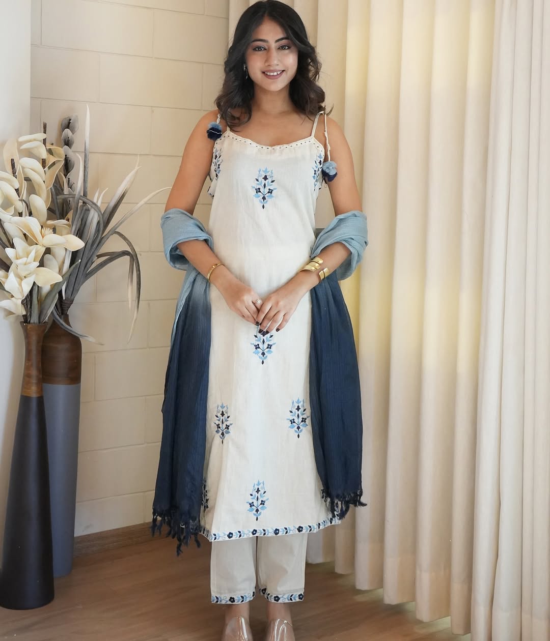 Off White Embroidered Cotton Flex Suit Set