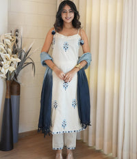 Off White Embroidered Cotton Flex Suit Set