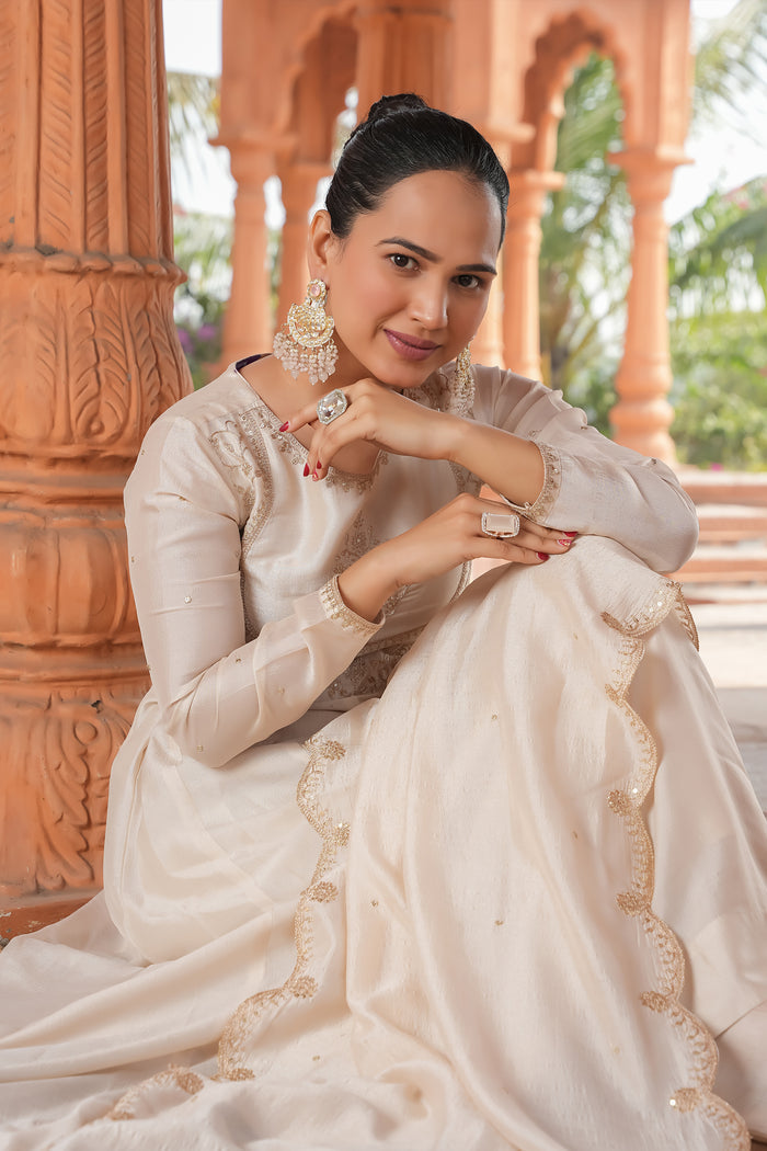 Cream Aura Vichitra Silk Suit Set