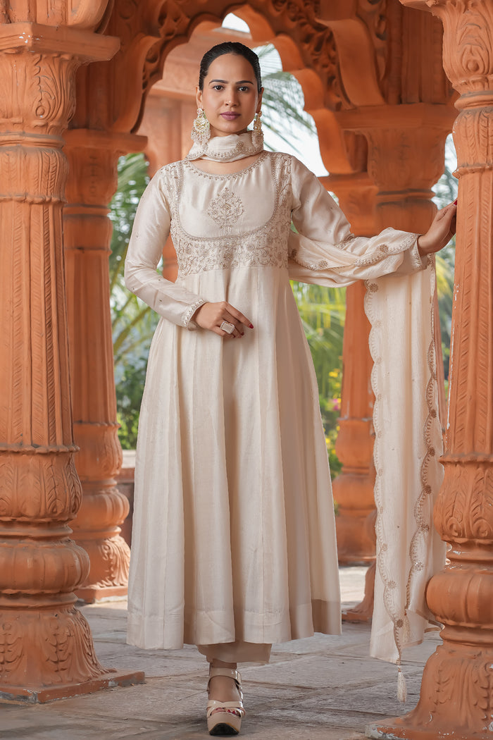 Cream Aura Vichitra Silk Suit Set