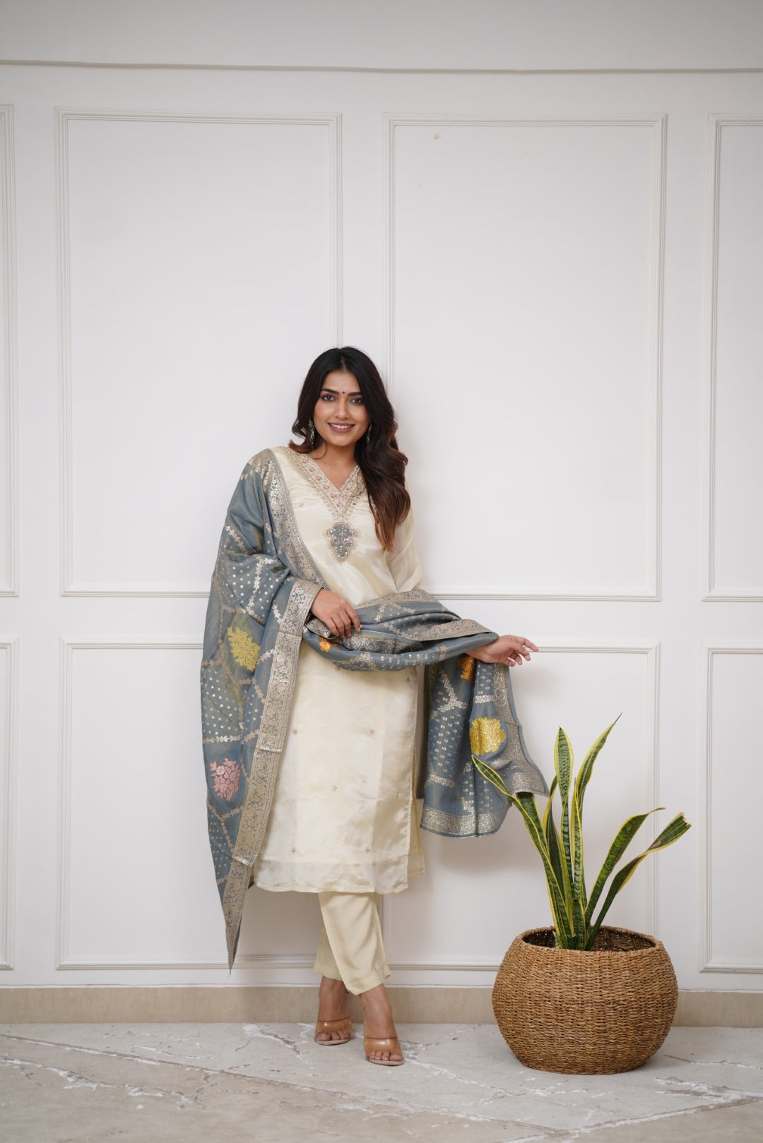 Off White Elegance Chanderi Suit Set