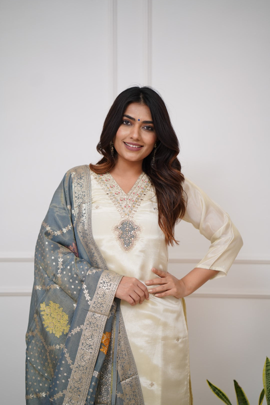 Off White Elegance Chanderi Suit Set