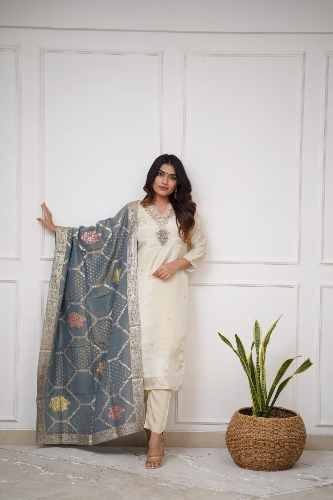 Off White Elegance Chanderi Suit Set