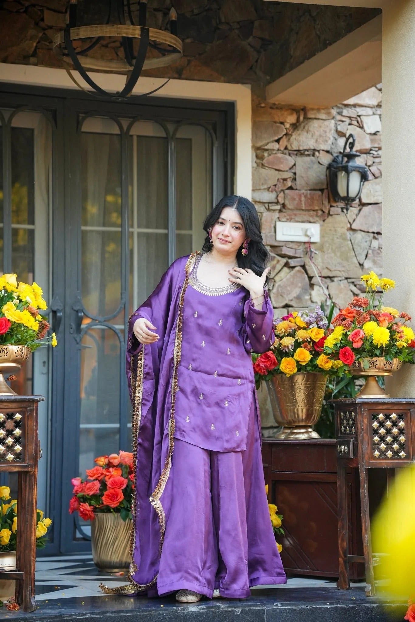 Lavender Silk Crepe Embroidered Palazzo Set