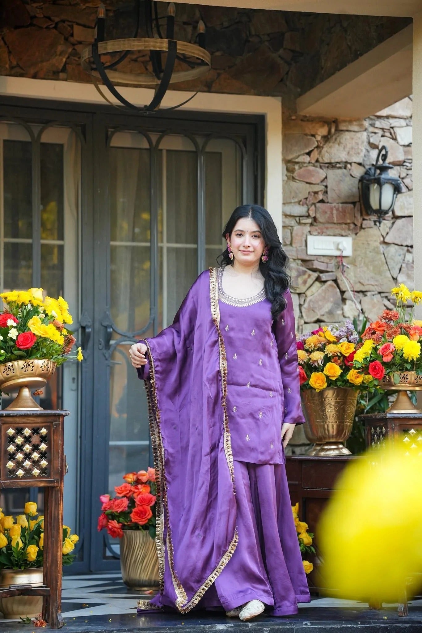 Lavender Silk Crepe Embroidered Palazzo Set