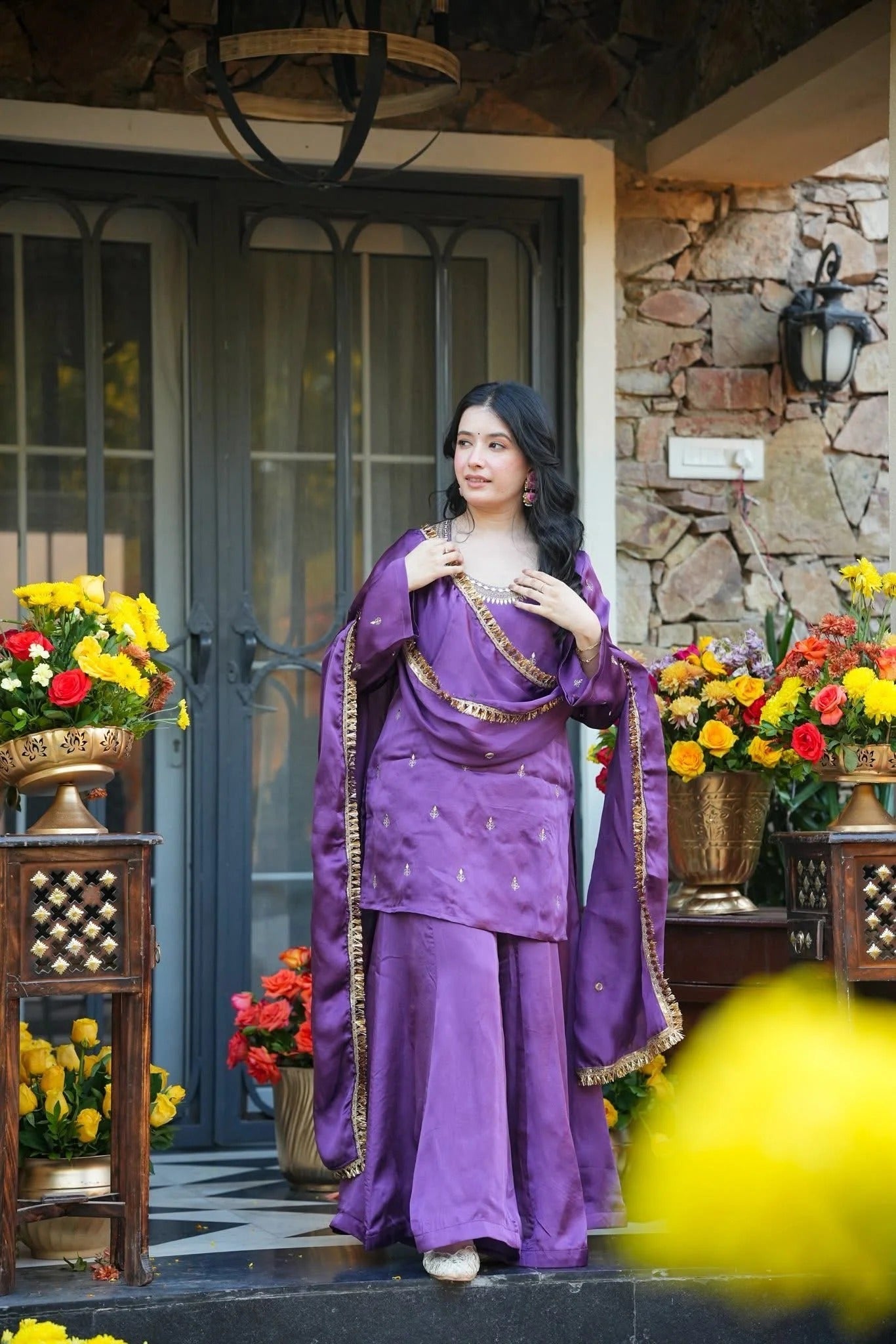 Lavender Silk Crepe Embroidered Palazzo Set