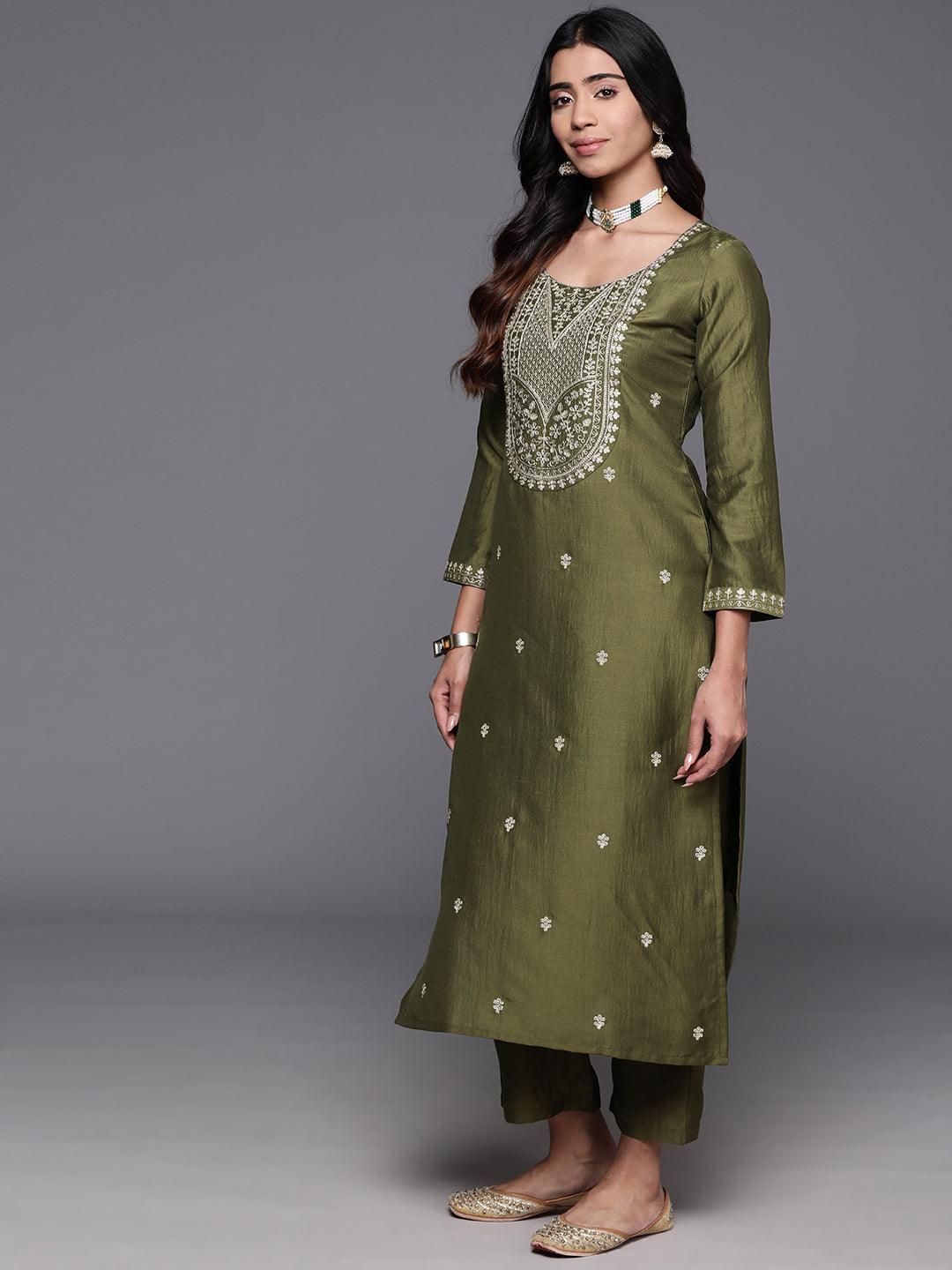 Olive Green Embroidered Chanderi Kurta Pant Set
